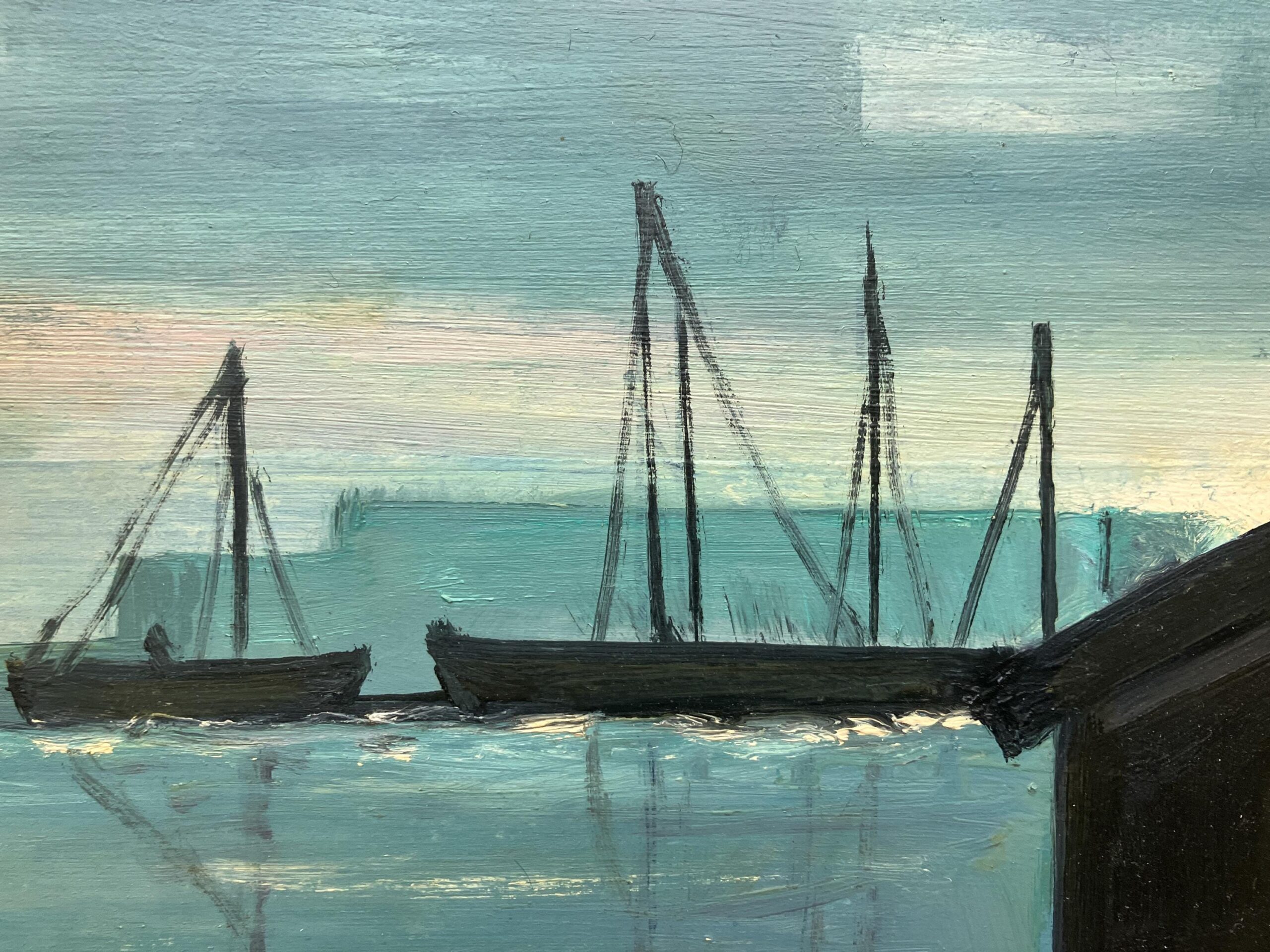 Original Danish Oil Painting – Moody Harbor Scene with Boats – Mid Century – Framed - Image 9
