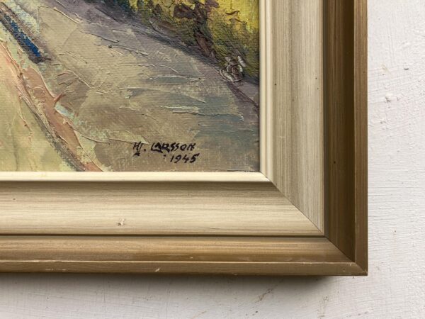 Vintage Oil Painting: Swedish Street Scene by Hjalmar Larsson, 1945 , Framed Original Swedish Art