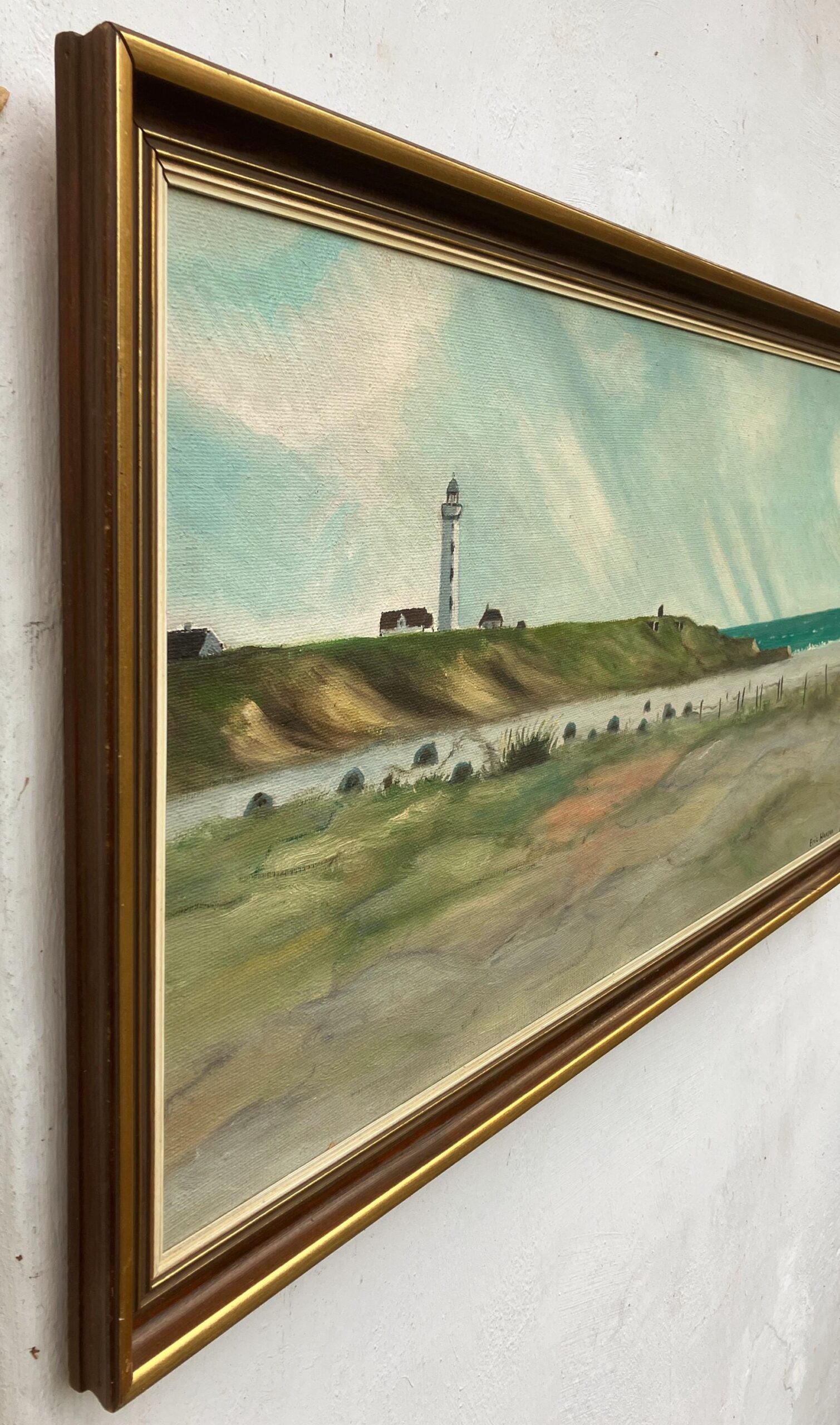 Original Danish oil painting, Large panoramic lighthouse coastal Hirtshals, Mid Century modernist, Scandinavian decor - Image 4