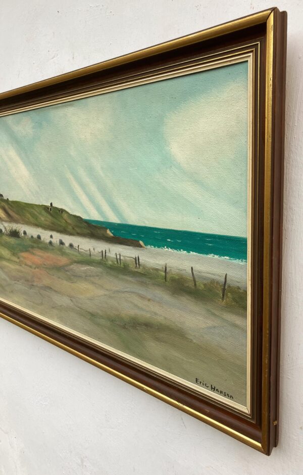 Original Danish oil painting, Large panoramic lighthouse coastal Hirtshals, Mid Century modernist, Scandinavian decor