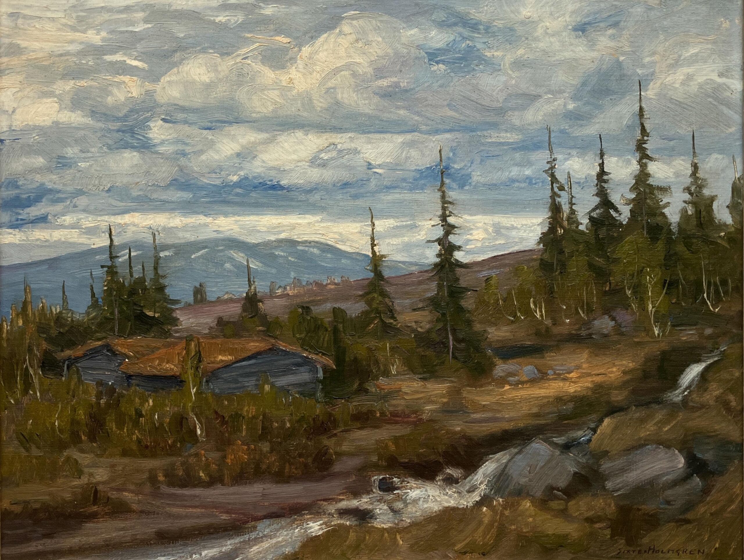 Vintage Swedish landscape painting with cottage, oil on board, 1930s - Image 6