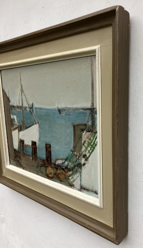 Fishing Harbor Oil Painting, Scandinavian Maritime Scene, 1977