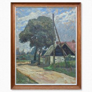 Vintage Danish Rural Road Landscape – Farmhouse Scene Denmark - Original Oil Painting 1944 - Image 2