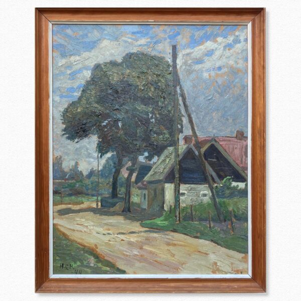 Vintage Danish Rural Road Landscape – Farmhouse Scene Denmark - Original Oil Painting 1944