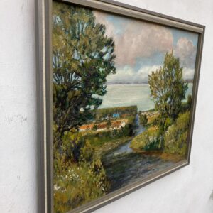 Lakeside Village Landscape Oil Painting, Scandinavian Mid-Century Art - Image 6
