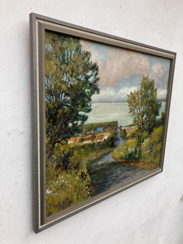 Lakeside Village Landscape Oil Painting, Scandinavian Mid-Century Art