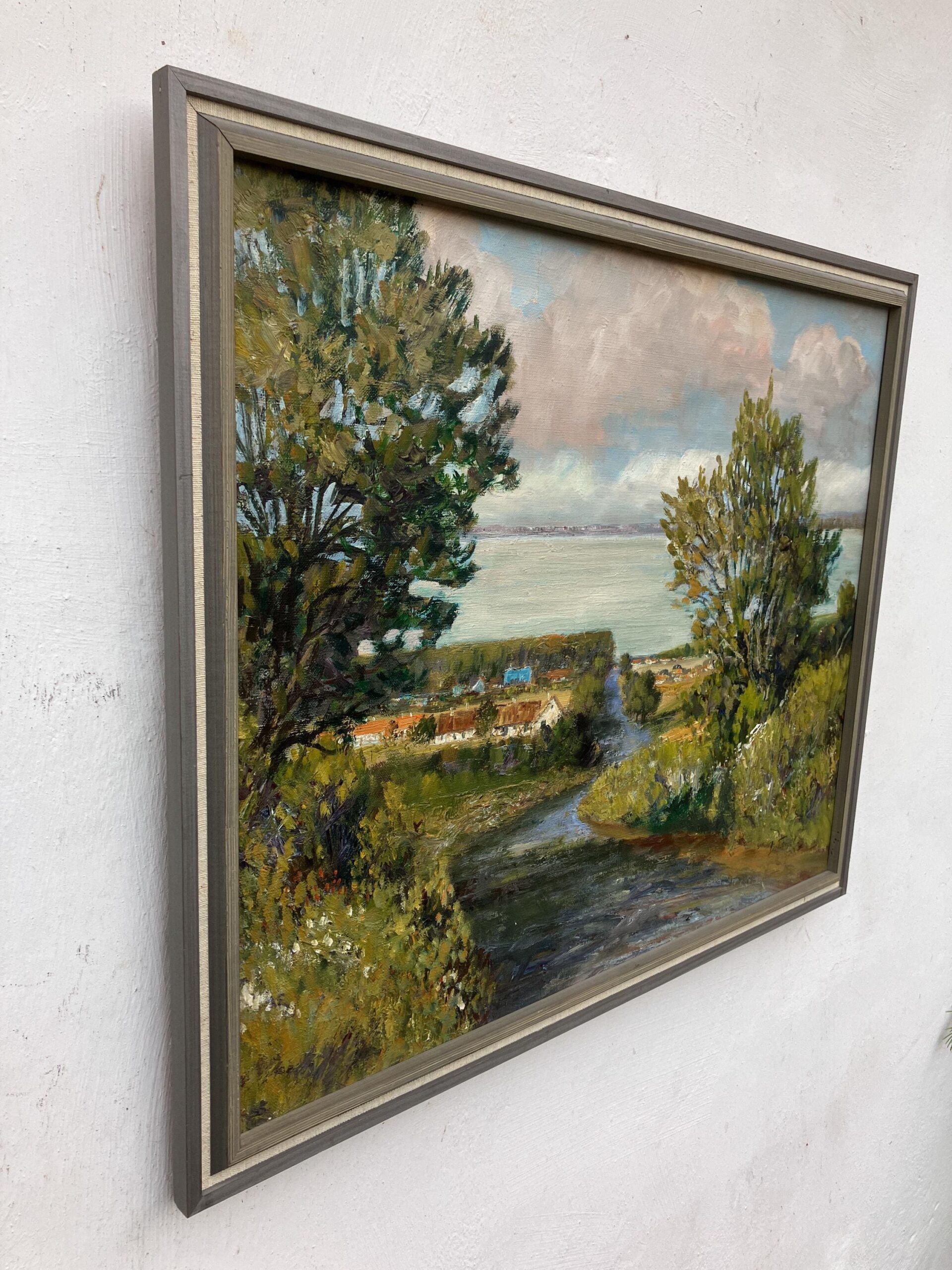 Lakeside Village Landscape Oil Painting, Scandinavian Mid-Century Art - Image 6