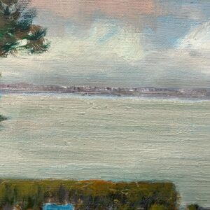 Lakeside Village Landscape Oil Painting, Scandinavian Mid-Century Art - Image 8
