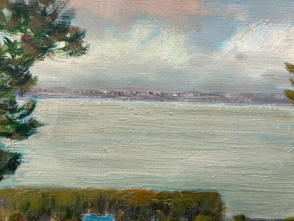 Lakeside Village Landscape Oil Painting, Scandinavian Mid-Century Art