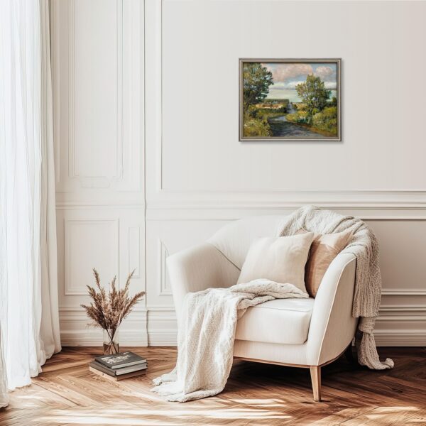 Lakeside Village Landscape Oil Painting, Scandinavian Mid-Century Art