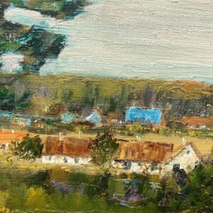 Lakeside Village Landscape Oil Painting, Scandinavian Mid-Century Art - Image 4
