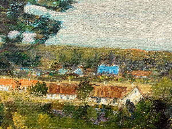 Lakeside Village Landscape Oil Painting, Scandinavian Mid-Century Art