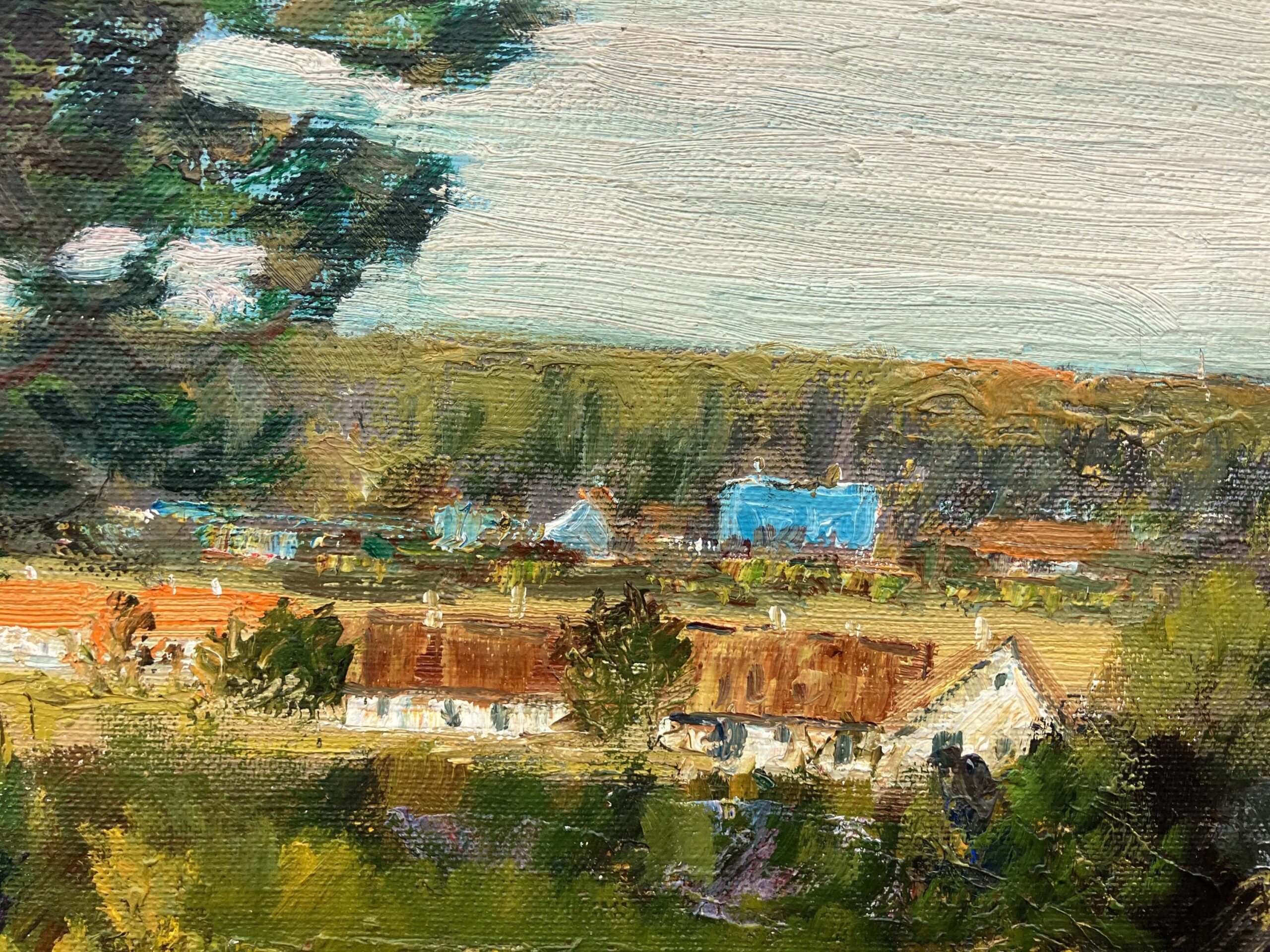 Lakeside Village Landscape Oil Painting, Scandinavian Mid-Century Art - Image 4