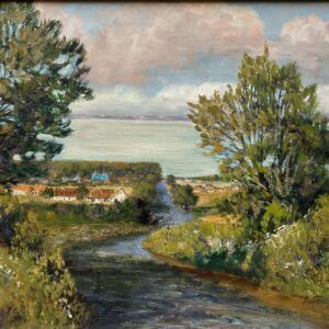 Lakeside Village Landscape Oil Painting, Scandinavian Mid-Century Art - Image 2