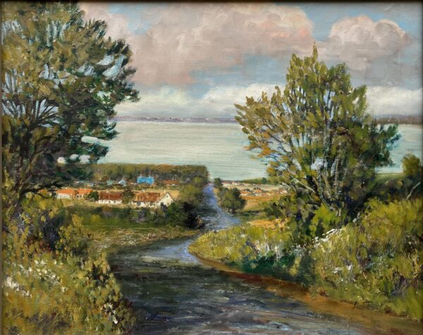 Lakeside Village Landscape Oil Painting, Scandinavian Mid-Century Art
