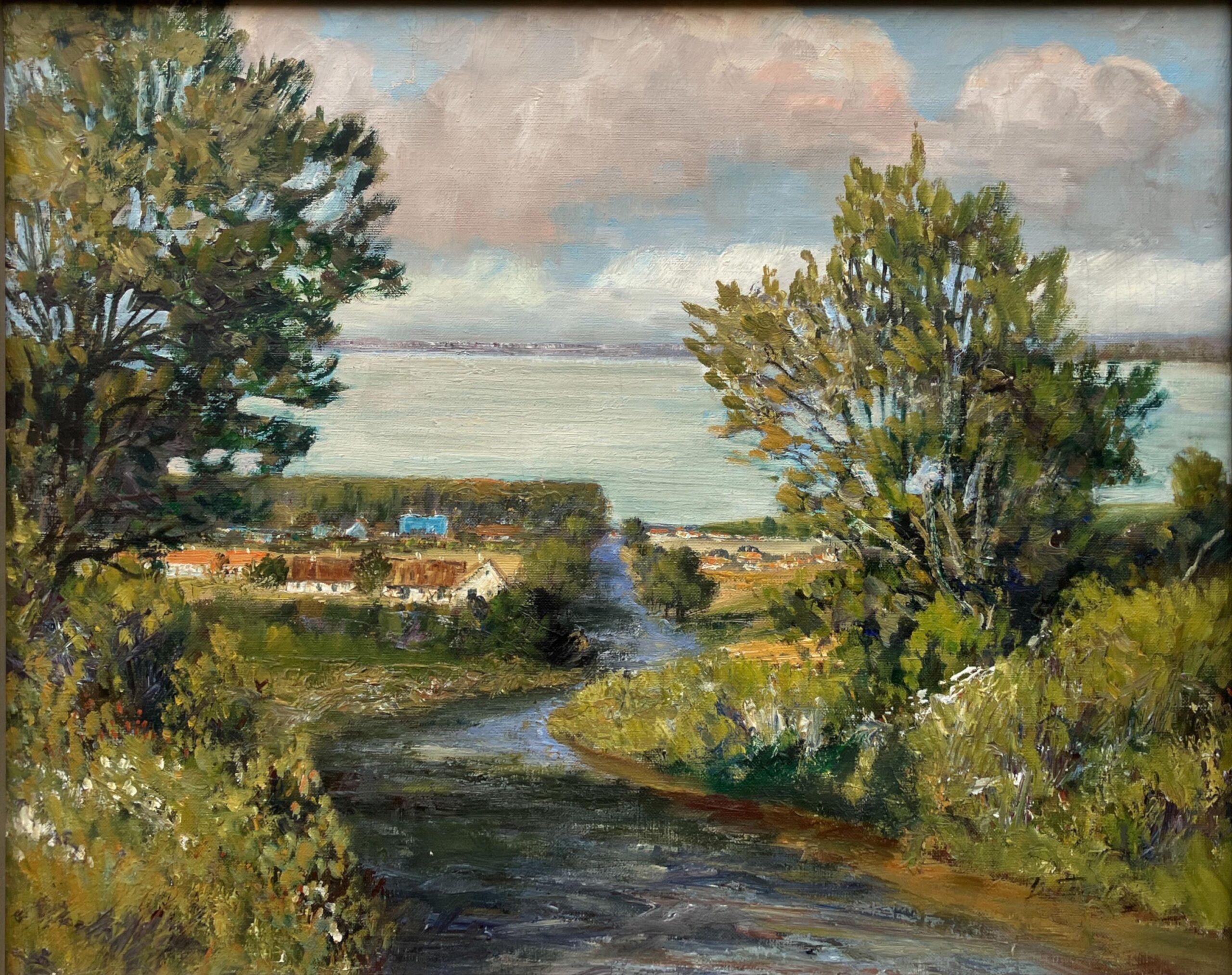 Lakeside Village Landscape Oil Painting, Scandinavian Mid-Century Art - Image 2