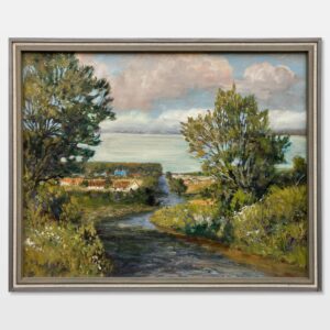 Lakeside Village Landscape Oil Painting, Scandinavian Mid-Century Art
