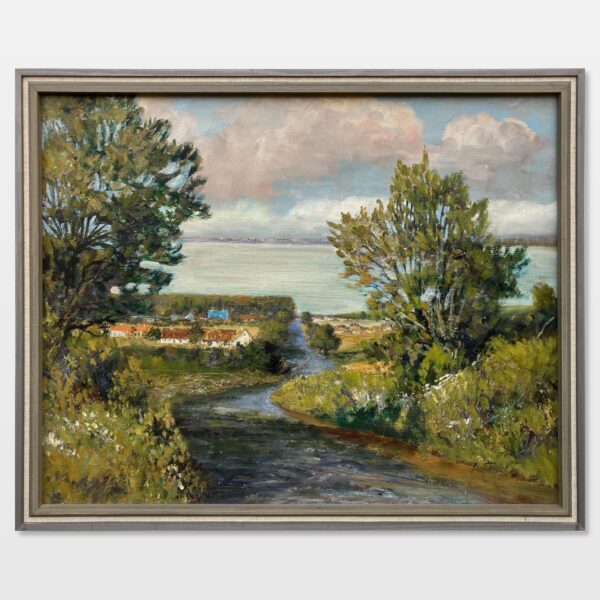 Lakeside Village Landscape Oil Painting, Scandinavian Mid-Century Art
