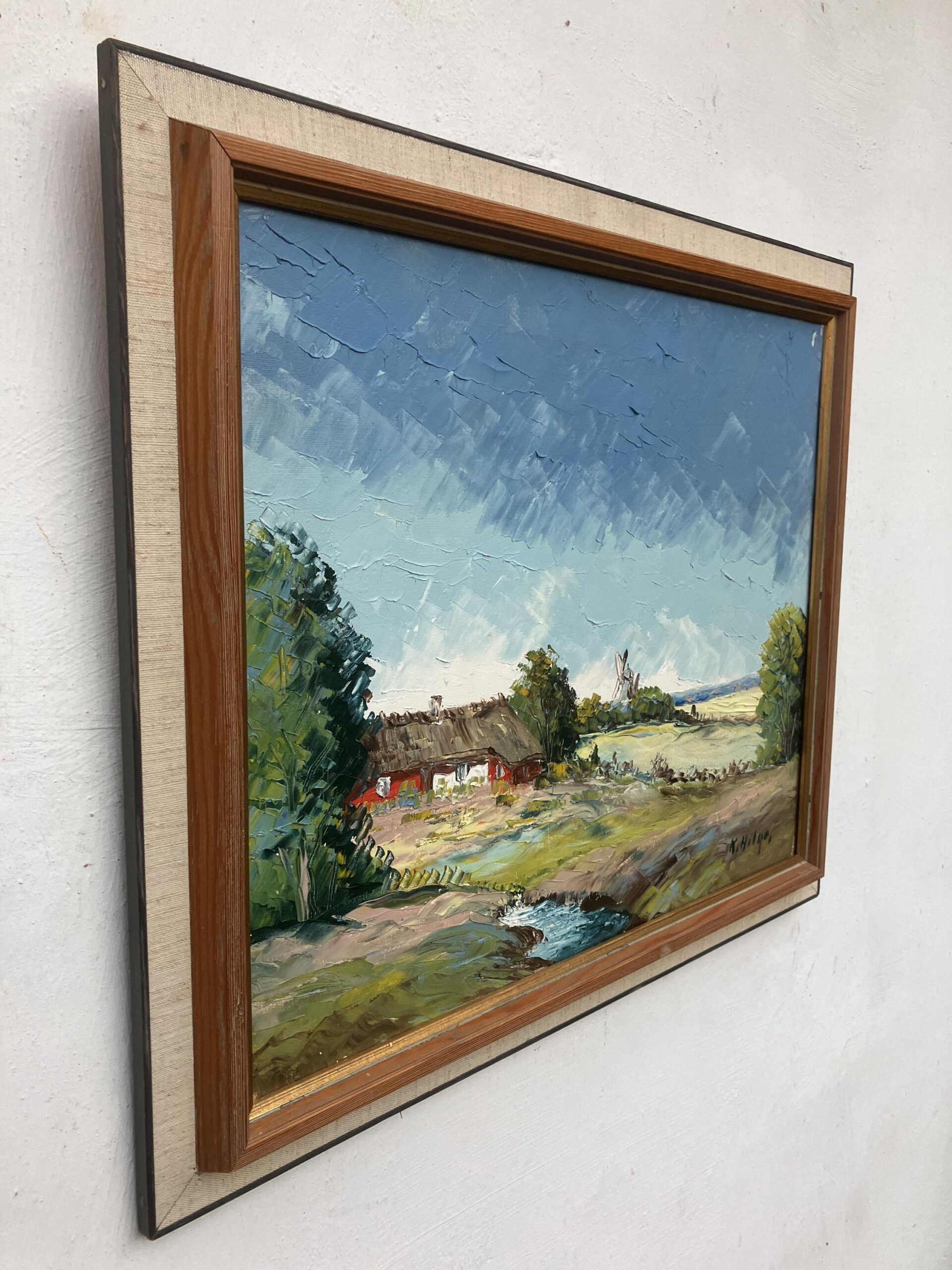 Vintage Oil Painting – Swedish Landscape with Farmhouse and Windmill, Scandinavian  Original artwork - Image 4