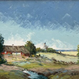 Vintage Oil Painting – Swedish Landscape with Farmhouse and Windmill, Scandinavian  Original artwork - Image 3