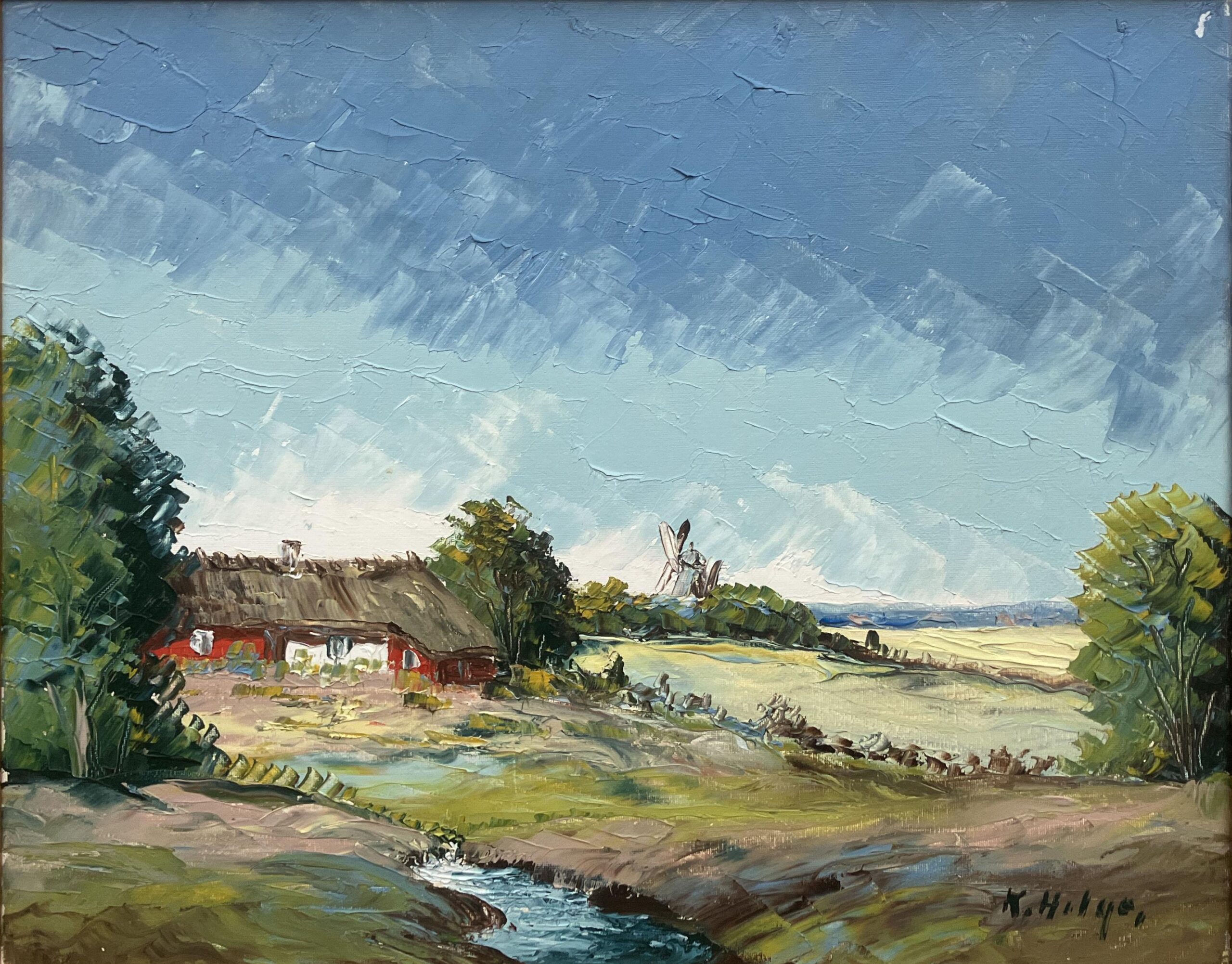 Vintage Oil Painting – Swedish Landscape with Farmhouse and Windmill, Scandinavian  Original artwork - Image 3