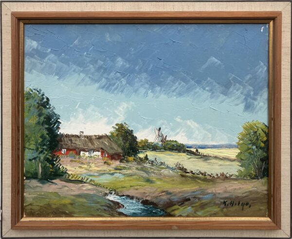 Vintage Oil Painting – Swedish Landscape with Farmhouse and Windmill, Scandinavian  Original artwork