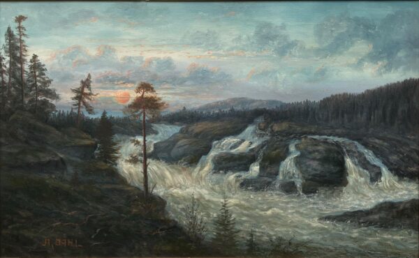 Large Vintage Swedish Landscape Oil Painting: Nordic Waterfall, Golden Frame