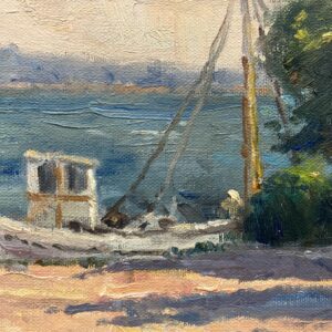 Swedish Coastal Village Oil Painting with Fishing Boat ,1970s - Image 4
