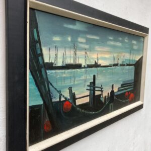 Original Danish Oil Painting – Moody Harbor Scene with Boats – Mid Century – Framed - Image 4