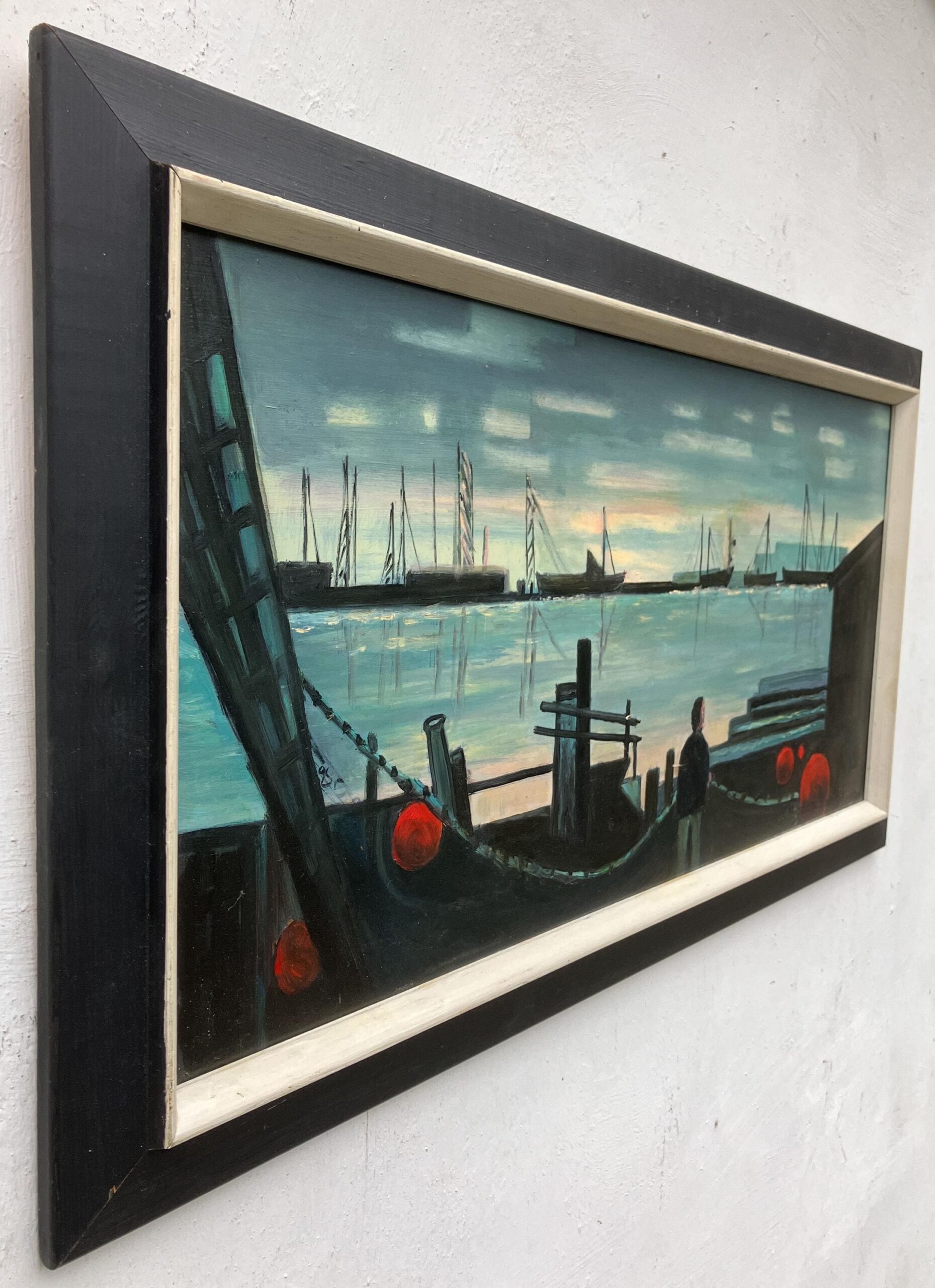 Original Danish Oil Painting – Moody Harbor Scene with Boats – Mid Century – Framed - Image 4