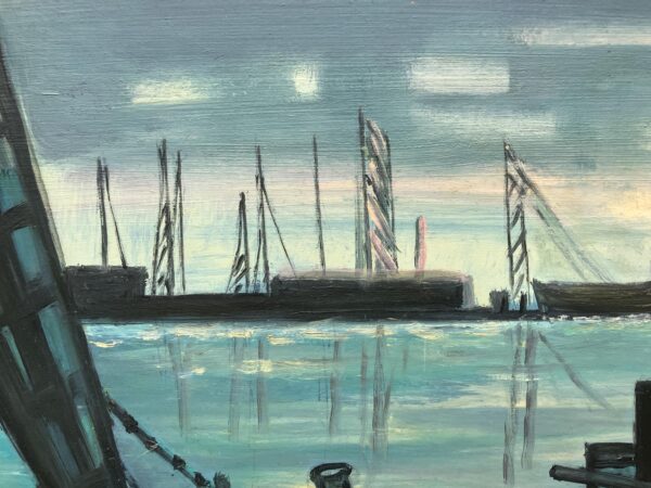 Original Danish Oil Painting – Moody Harbor Scene with Boats – Mid Century – Framed