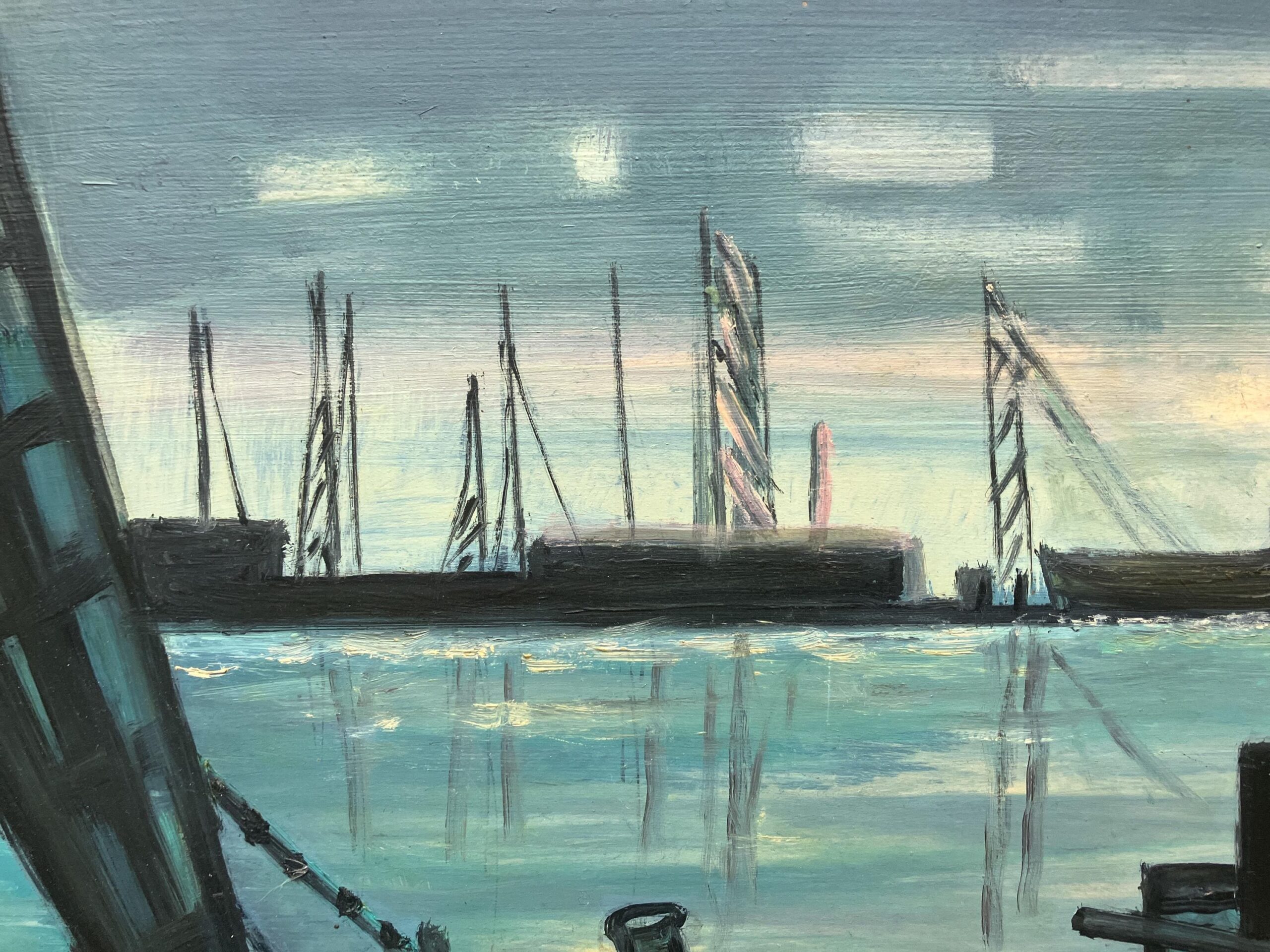 Original Danish Oil Painting – Moody Harbor Scene with Boats – Mid Century – Framed - Image 7