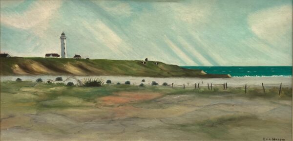 Original Danish oil painting, Large panoramic lighthouse coastal Hirtshals, Mid Century modernist, Scandinavian decor