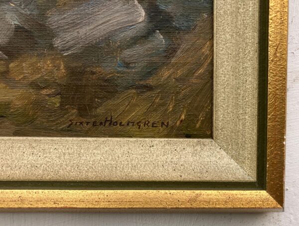 Vintage Swedish landscape painting with cottage, oil on board, 1930s