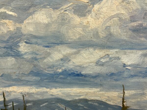 Vintage Swedish landscape painting with cottage, oil on board, 1930s