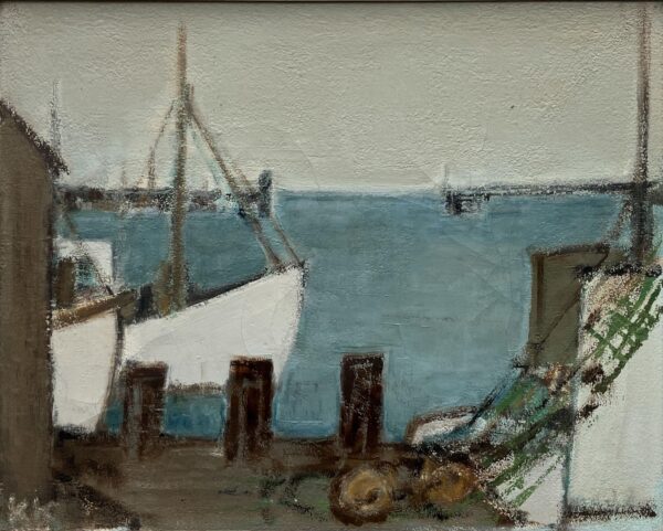 Fishing Harbor Oil Painting, Scandinavian Maritime Scene, 1977