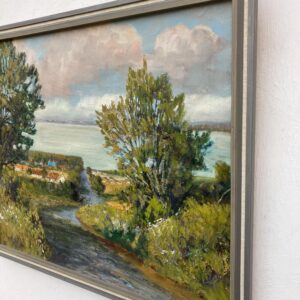 Lakeside Village Landscape Oil Painting, Scandinavian Mid-Century Art - Image 7