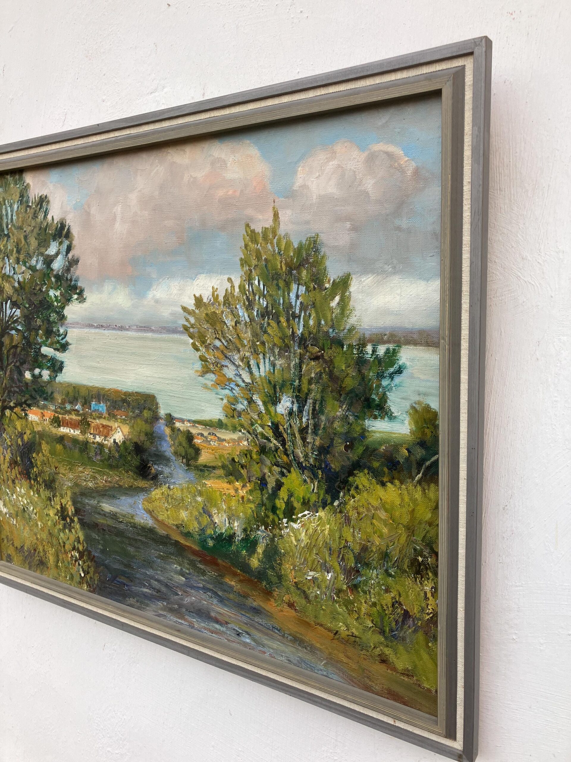 Lakeside Village Landscape Oil Painting, Scandinavian Mid-Century Art - Image 7