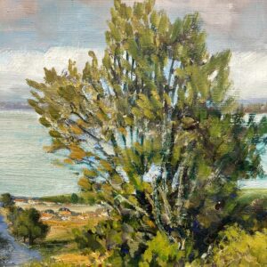 Lakeside Village Landscape Oil Painting, Scandinavian Mid-Century Art - Image 9