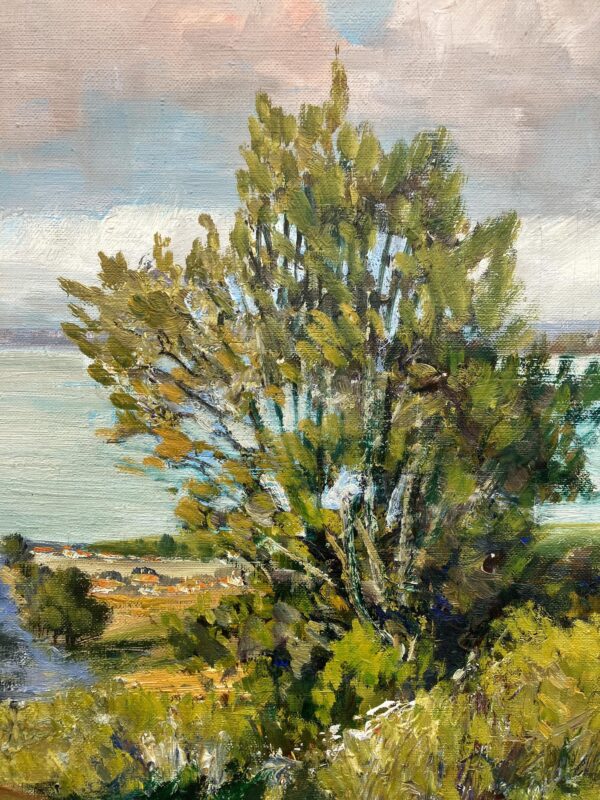 Lakeside Village Landscape Oil Painting, Scandinavian Mid-Century Art