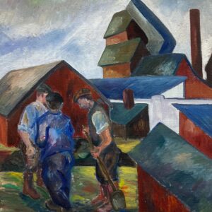 Scandinavian Figurative Oil Painting of Farm Workers, Mid-Century Modern Style - Image 3