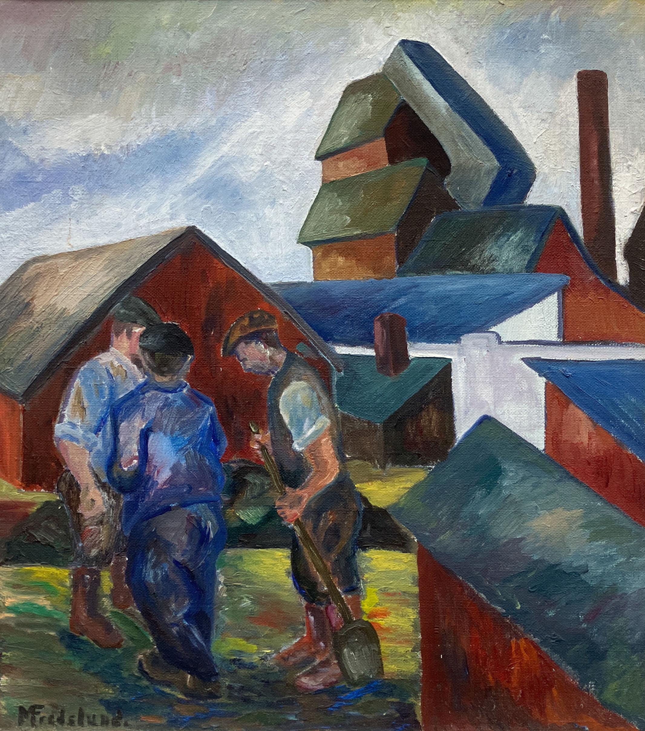 Scandinavian Figurative Oil Painting of Farm Workers, Mid-Century Modern Style - Image 3