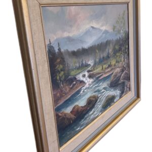River Landscape with Waterfall, Original Oil on Canvas, Mid-20th Century - Image 9