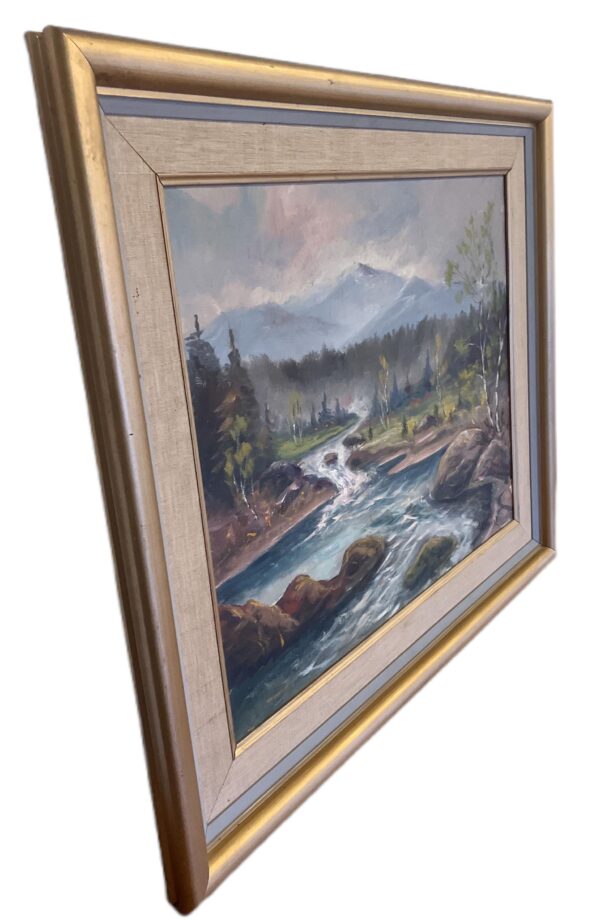 River Landscape with Waterfall, Original Oil on Canvas, Mid-20th Century