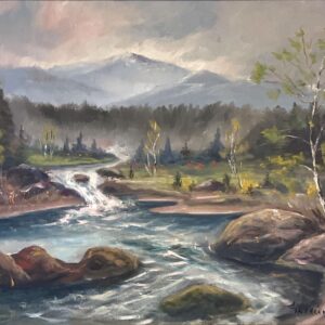 River Landscape with Waterfall, Original Oil on Canvas, Mid-20th Century - Image 3