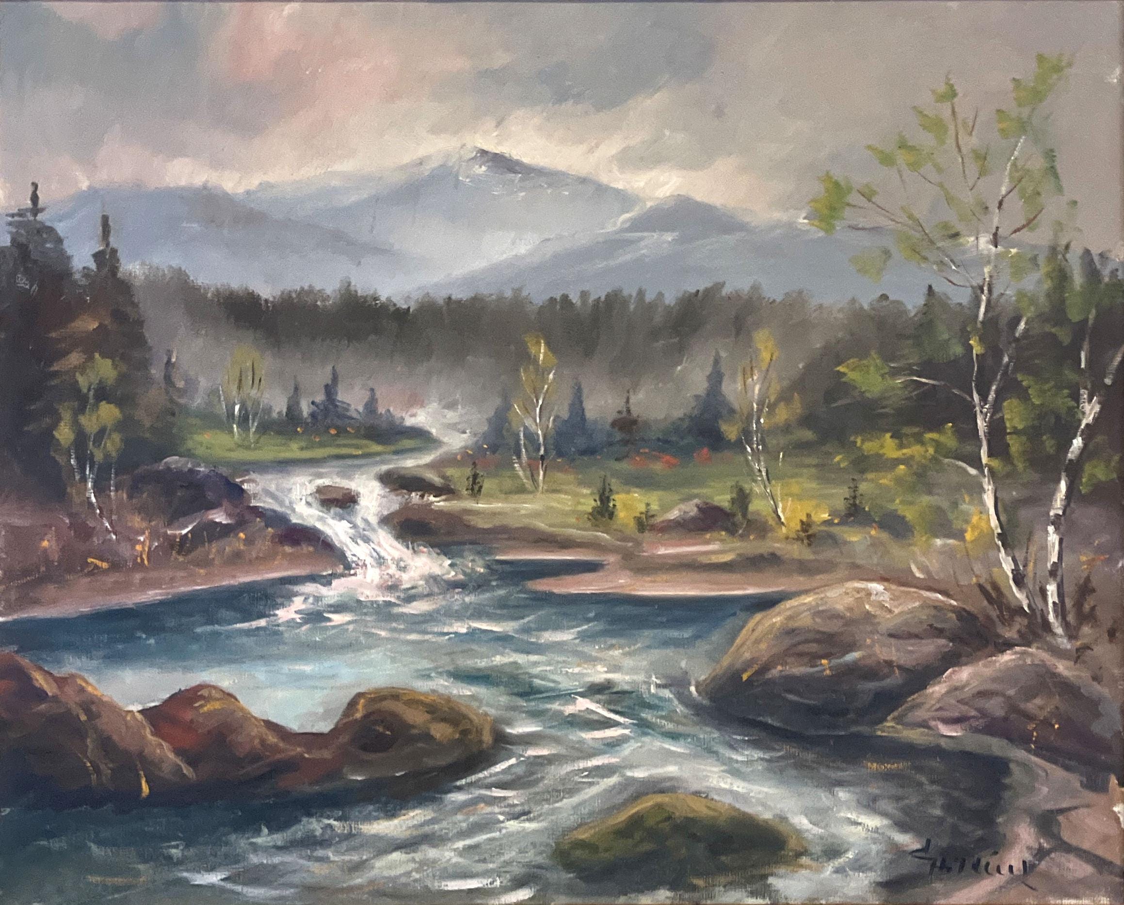 River Landscape with Waterfall, Original Oil on Canvas, Mid-20th Century - Image 3