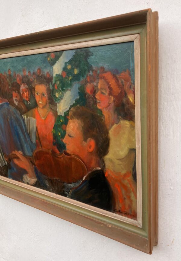 Swedish midsummer dance scene, oil on hardboard, dated 1943