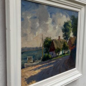 Swedish Coastal Village Oil Painting with Fishing Boat ,1970s - Image 5