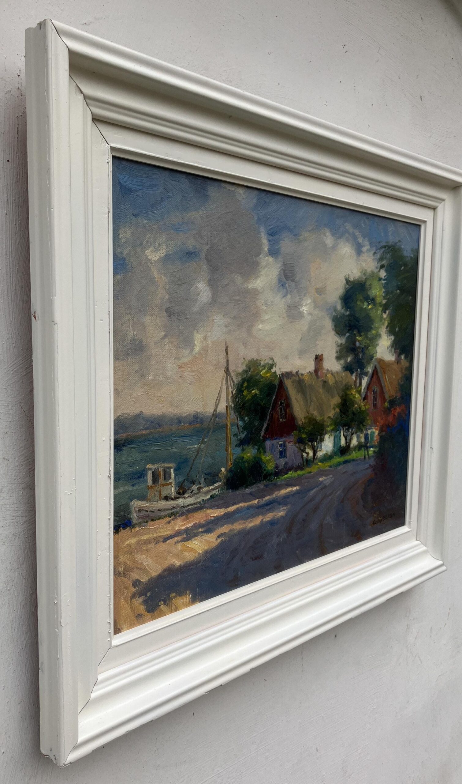 Swedish Coastal Village Oil Painting with Fishing Boat ,1970s - Image 5