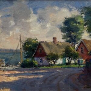 Swedish Coastal Village Oil Painting with Fishing Boat ,1970s - Image 2